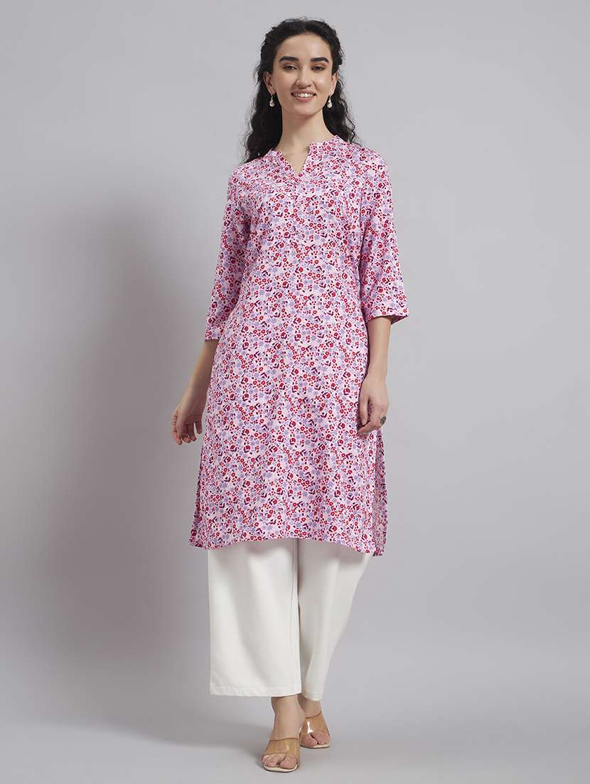 Women Printed Three Quarter Sleeve Straight Kurta - 22543419 -  Standard Image - 2