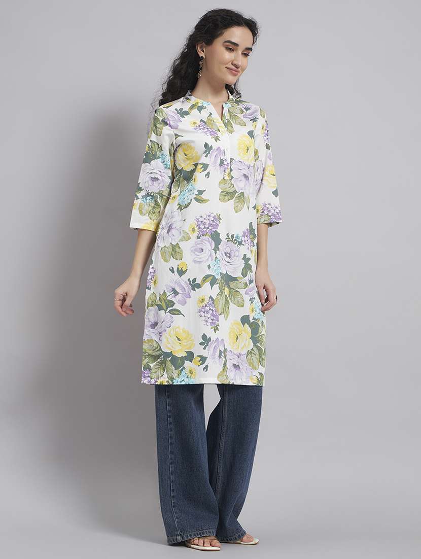 Women Printed Three Quarter Sleeve Straight Kurta - 22543423 -  Standard Image - 2