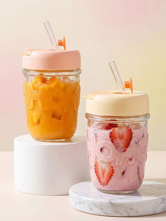 set of 2 glass water & juice glasses with lids and straws - 22543825 -  Standard Image - 2