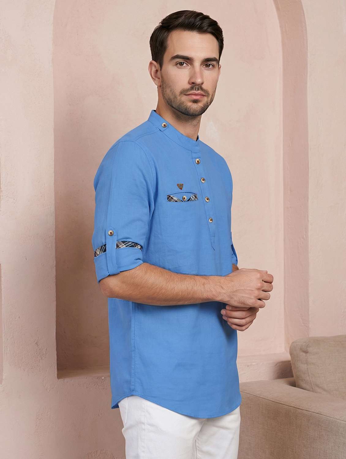 men solid mandarin neck short kurta - 22543961 -  Standard Image - 2