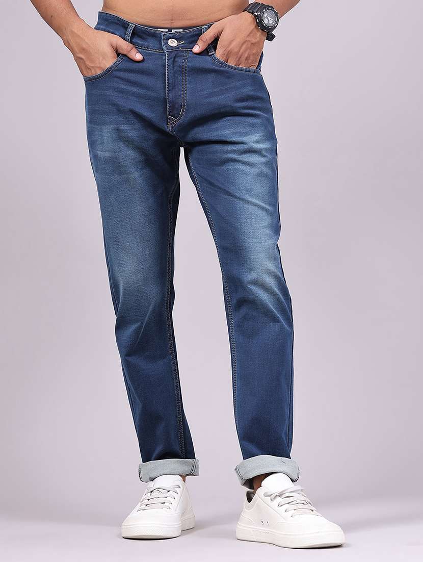 men washed mid rise full length tapered jeans