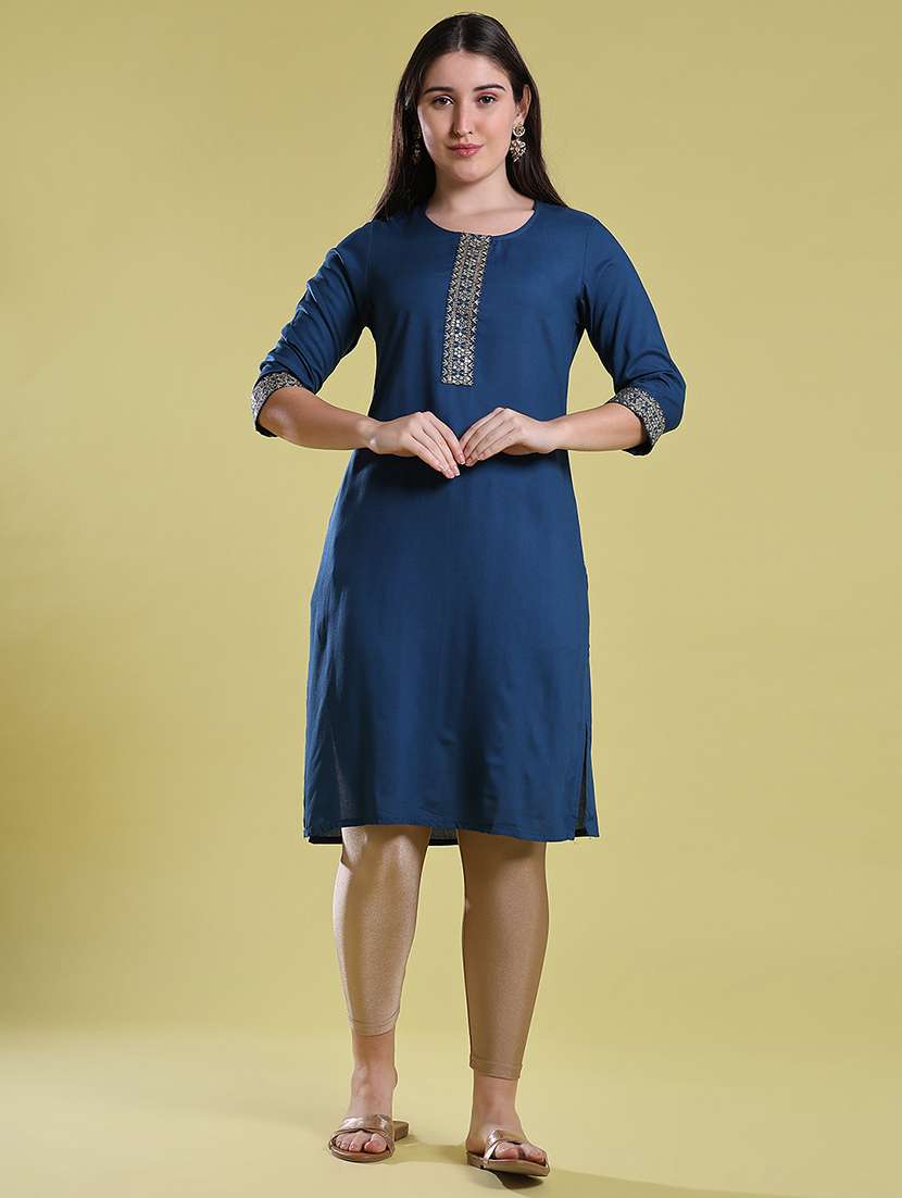 Women Embroidered Three Quarter Sleeve Straight Kurta - 22545337 -  Standard Image - 2