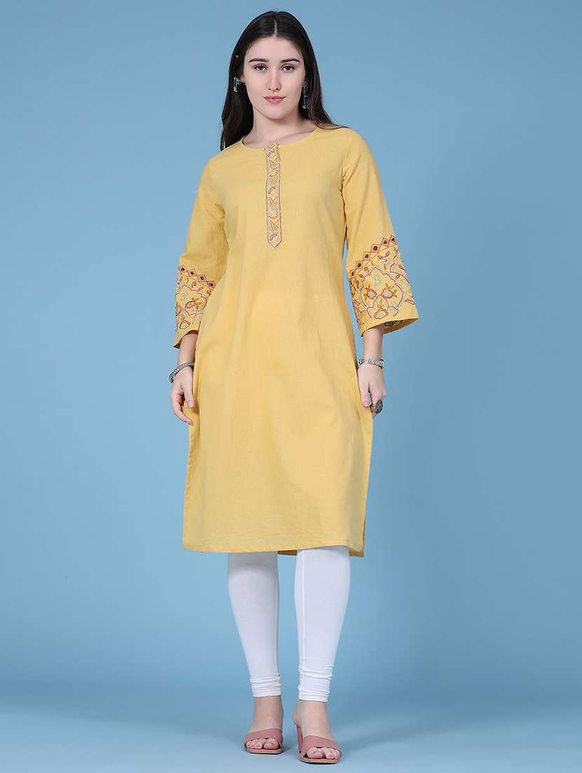 women embroidered three quarter sleeves straight kurta - 22545921 -  Standard Image - 2