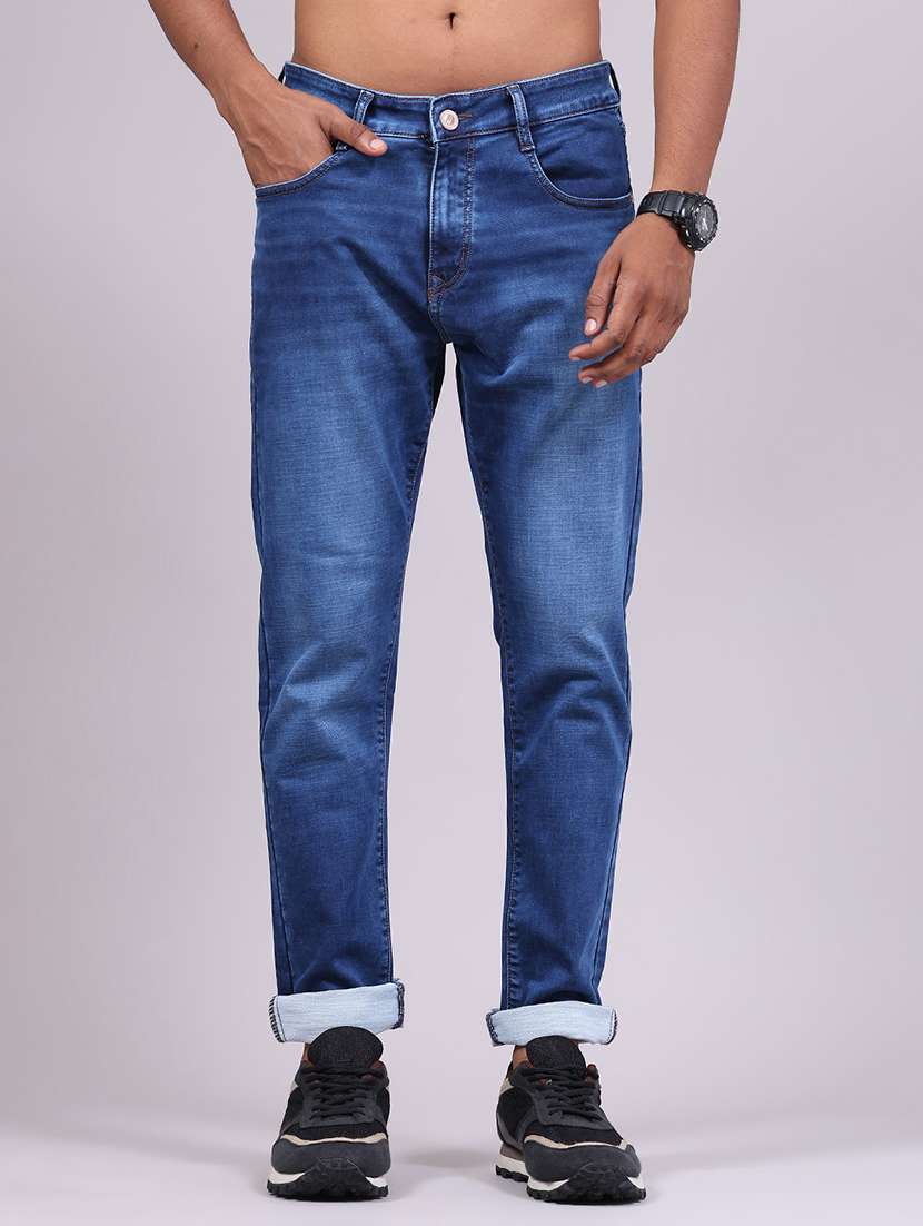 men washed mid rise full length tapered jeans