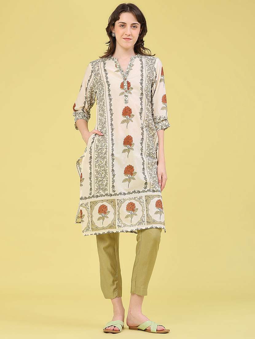 Women Printed Three Quarter Sleeve Straight Kurta - 22547348 -  Standard Image - 2