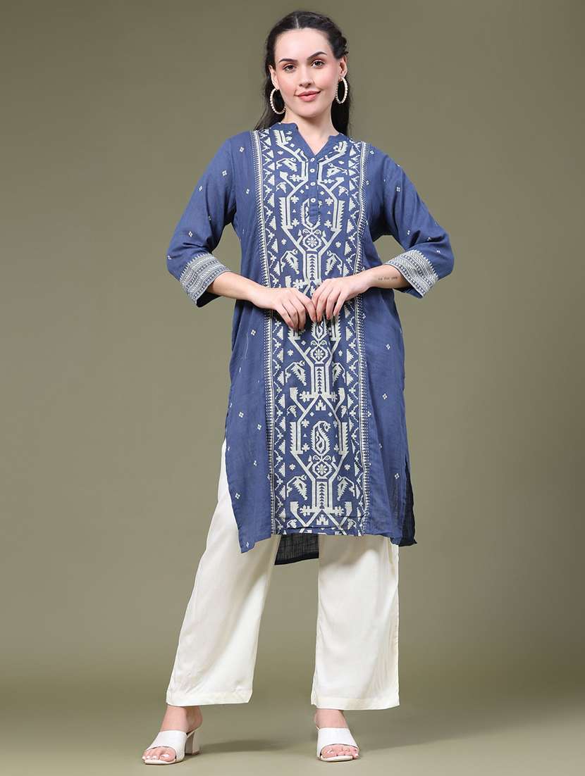 Women Self Design Three Quarter Sleeves Straight Kurta - 22547349 -  Standard Image - 2