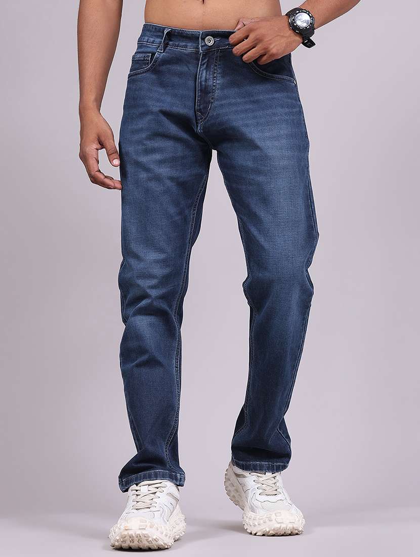 men washed mid rise full length straight jeans