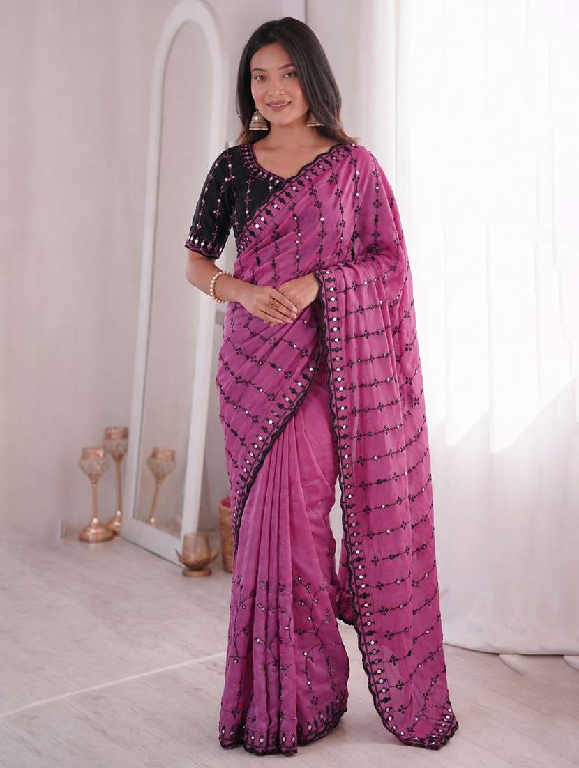 women solid with work embroidered saree with blouse