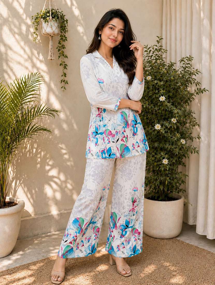 women printed collared top and trouser co-ord set - 22548016 -  Standard Image - 2