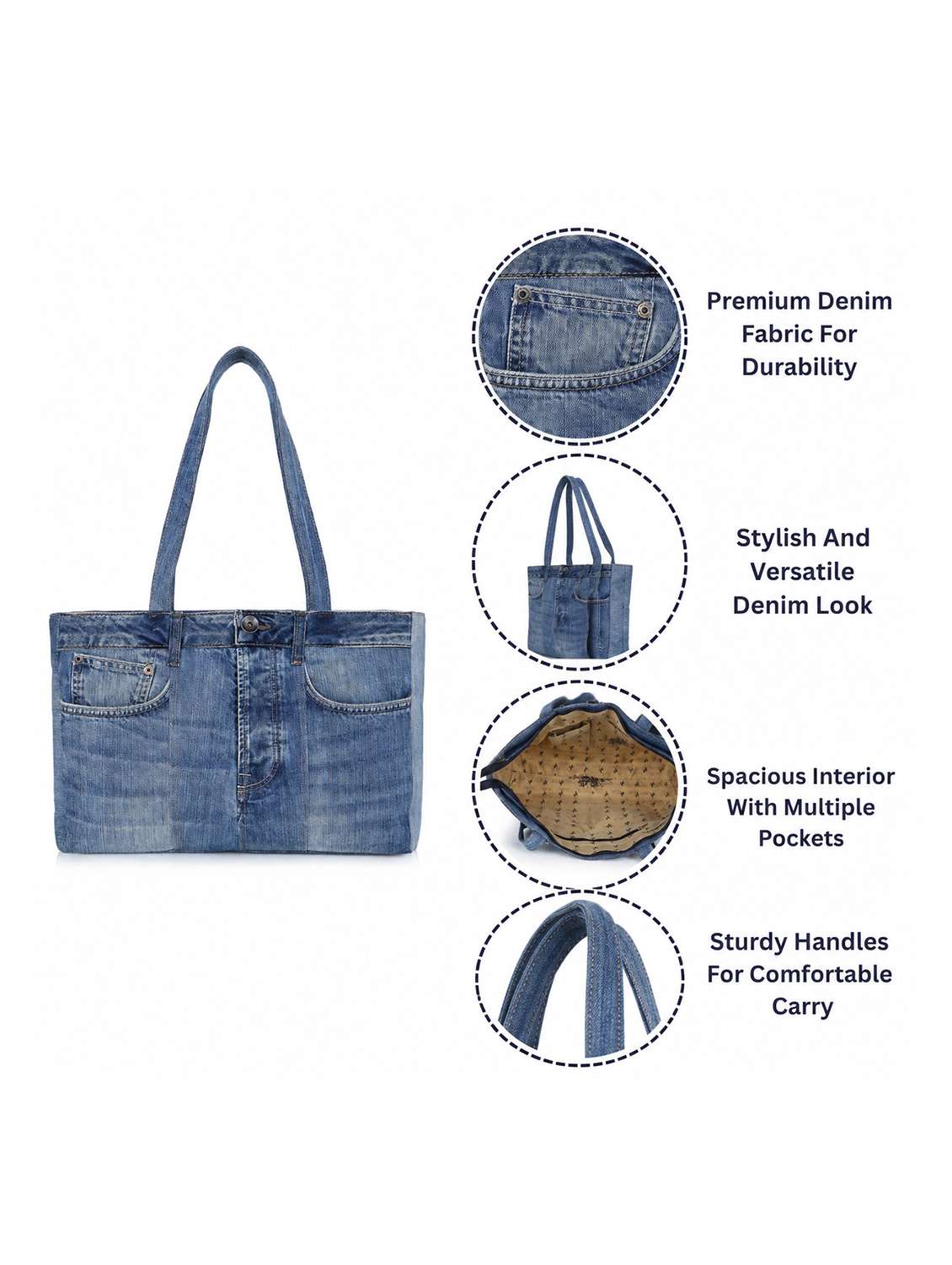 Solid Blue Denim Zipper Handbag - 22548192 -  Standard Image - 7