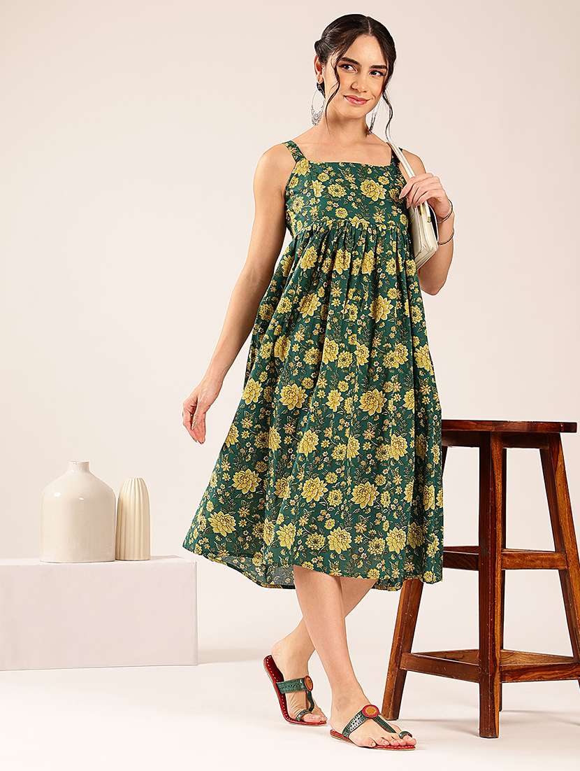 women printed shoulder strap a-line dress
