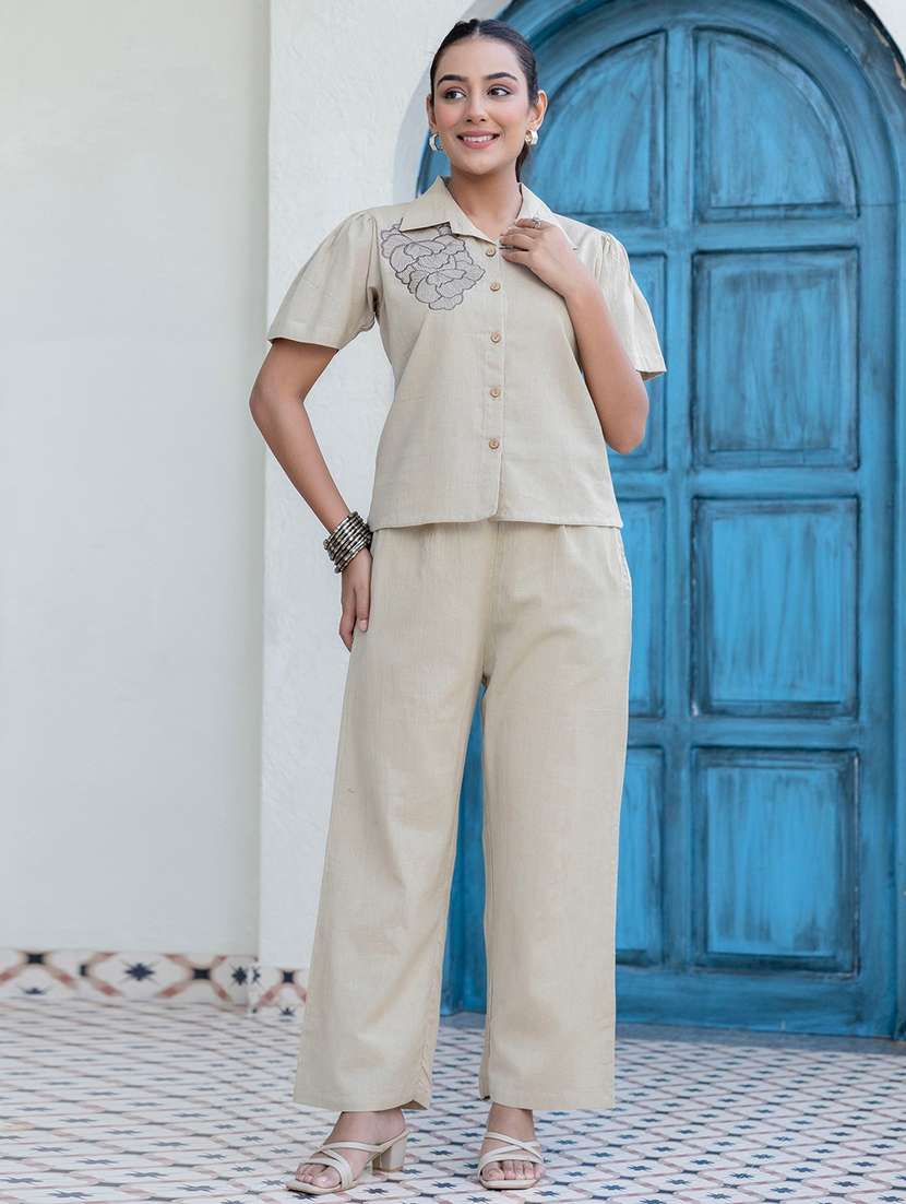 women embroidered short sleeves shirt and trouser co-ord set - 22548431 -  Standard Image - 2