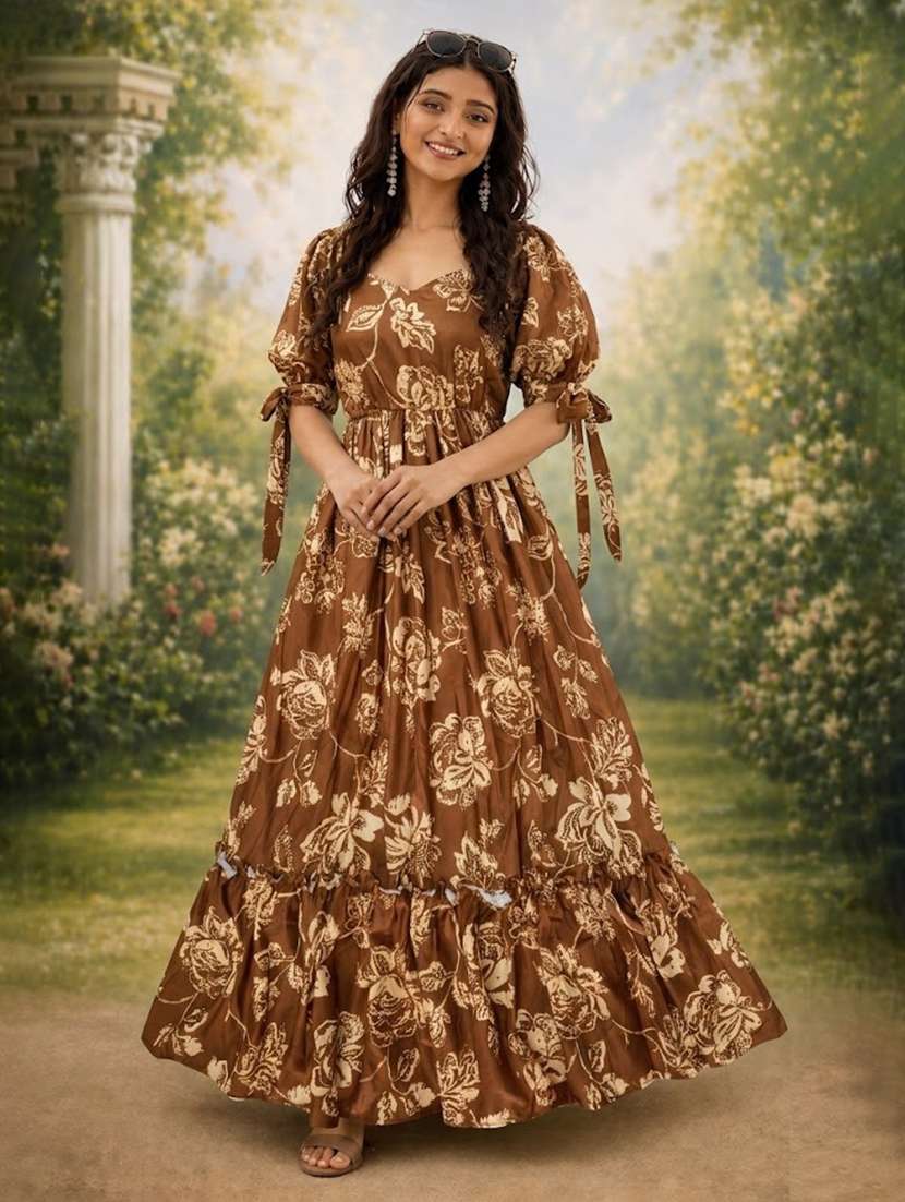 women floral printed puff sleeve maxi tiered dress