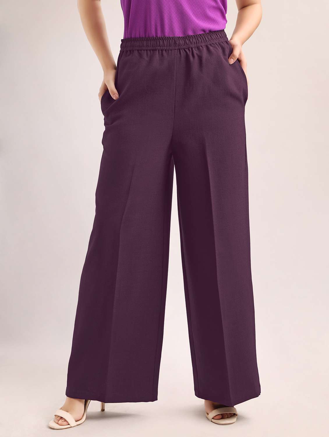 women solid high rise wide leg trouser