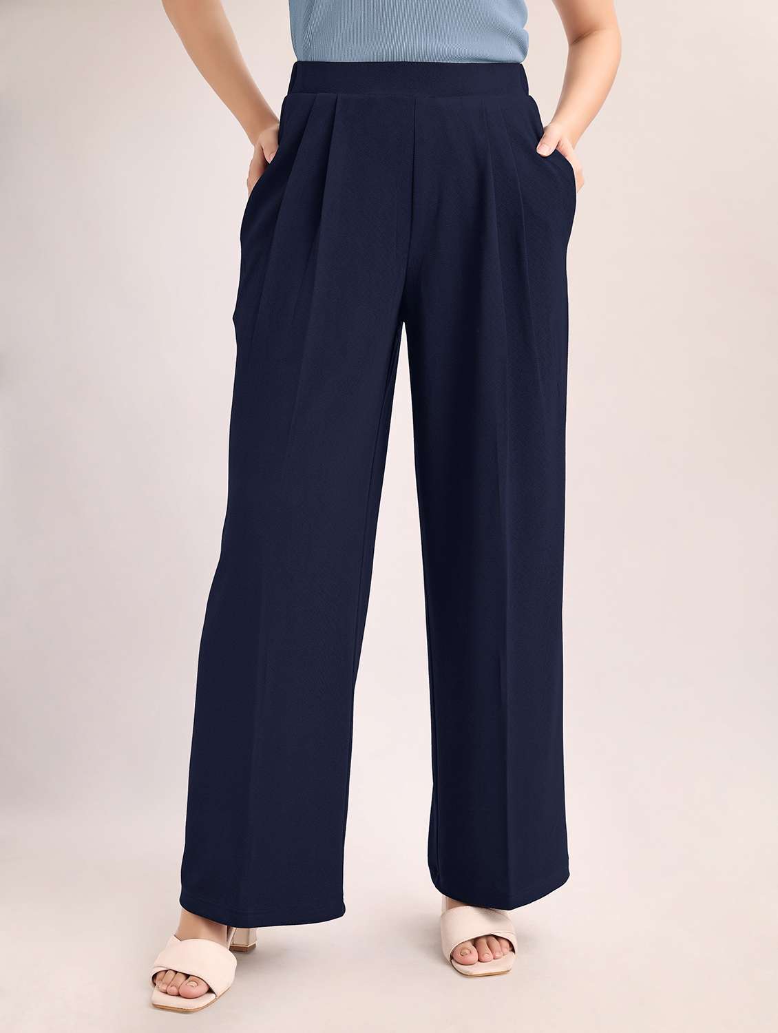 women solid high rise wide leg trouser