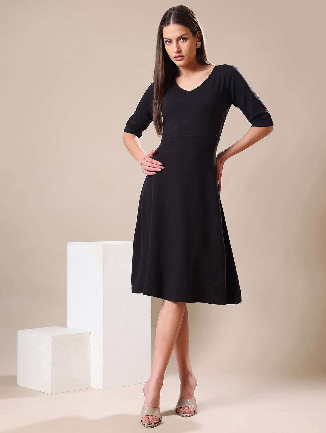 women solid three quarter sleeves a-line dress