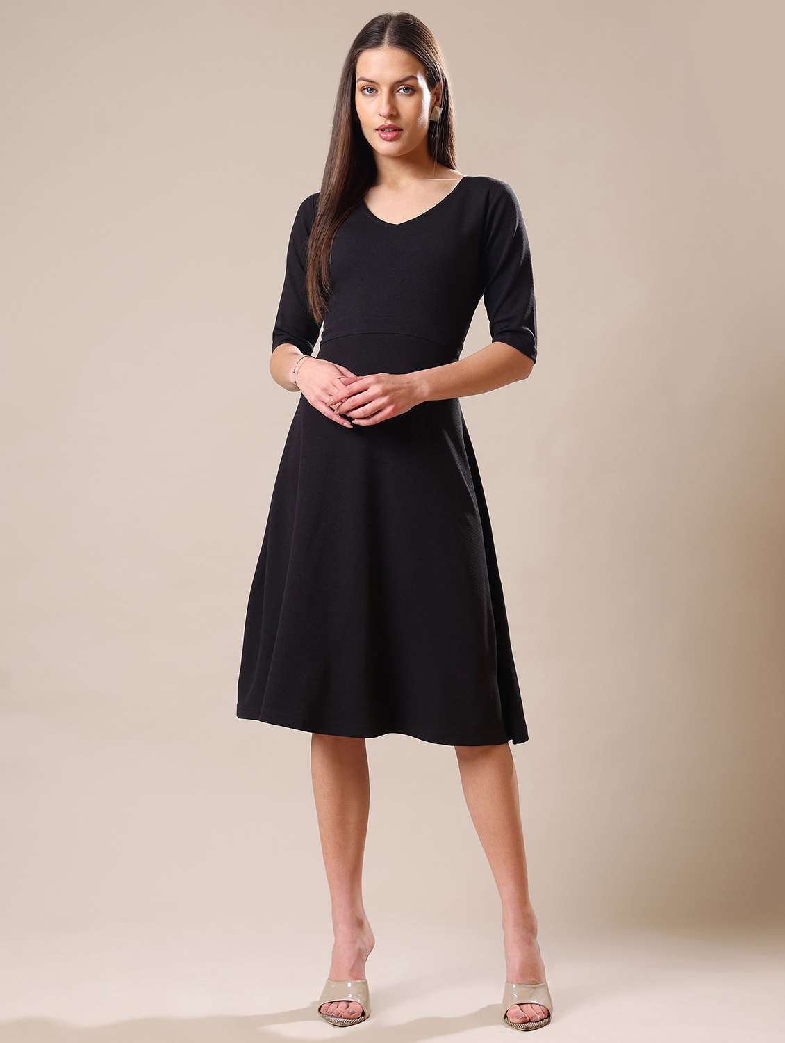 women solid three quarter sleeves a-line dress - 22549128 -  Standard Image - 2