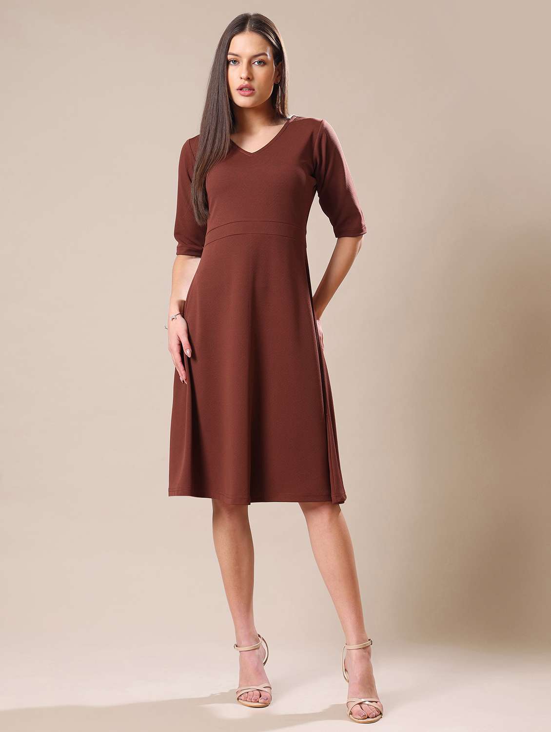 women solid three quarter sleeves a-line dress