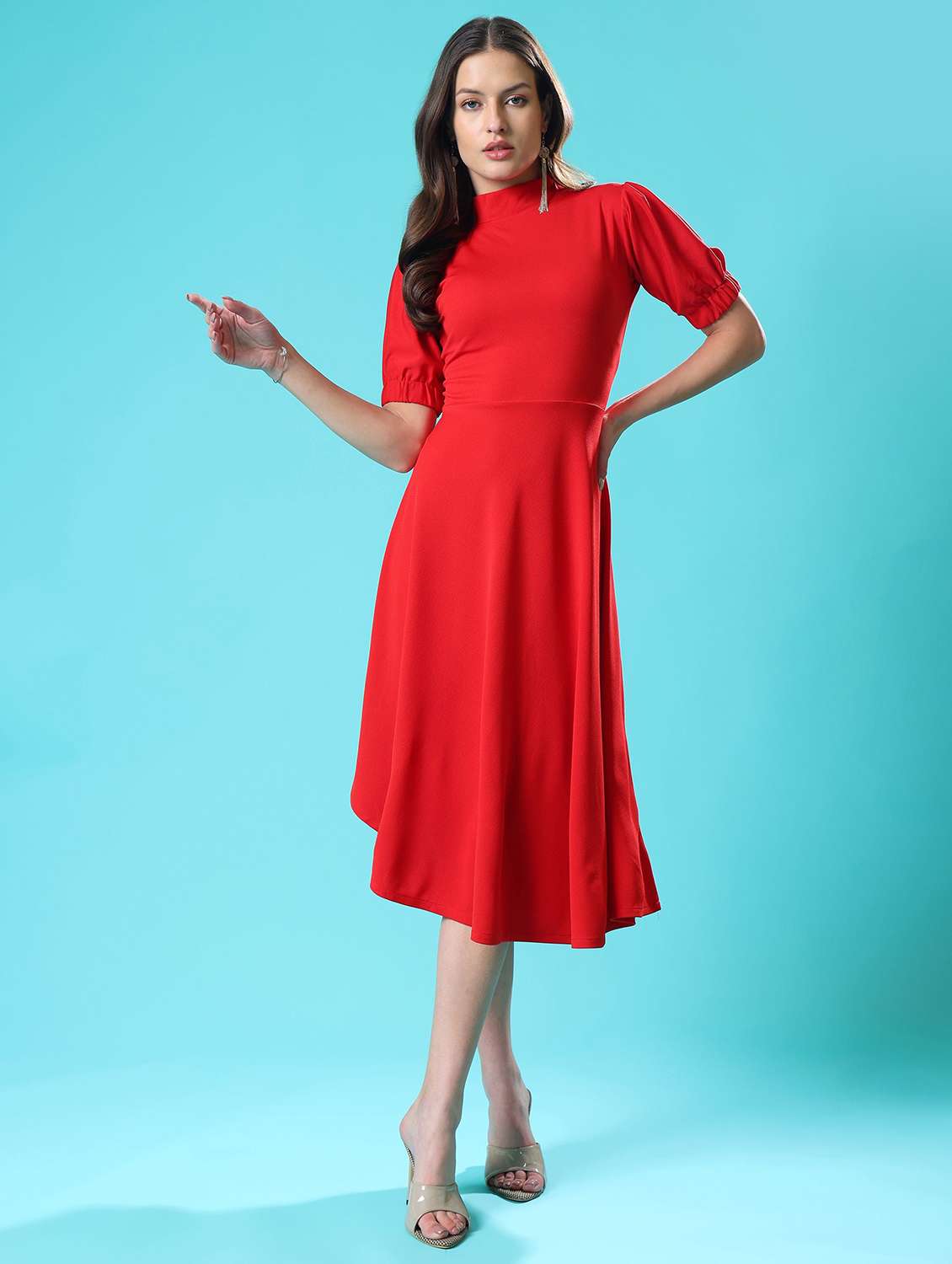 women printed puff sleeves fit and flare dress - 22549153 -  Standard Image - 2