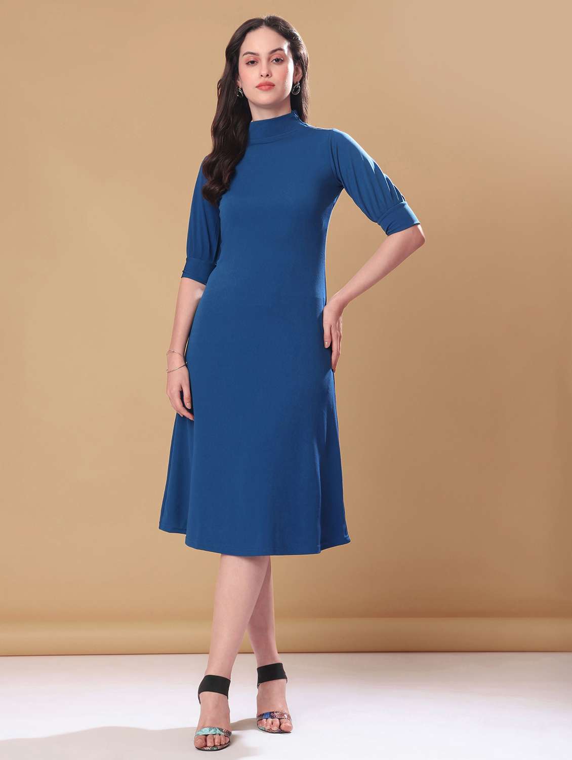 women solid high neck a-line dress