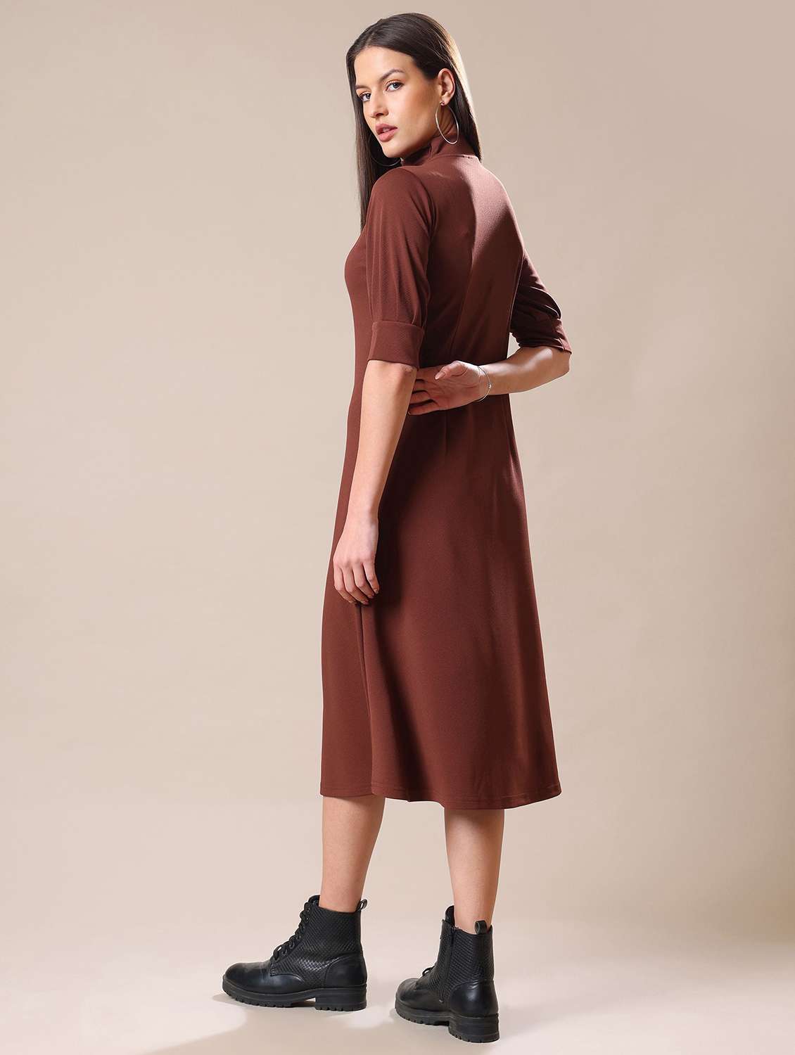 women solid high neck a-line dress - 22549160 -  Standard Image - 2