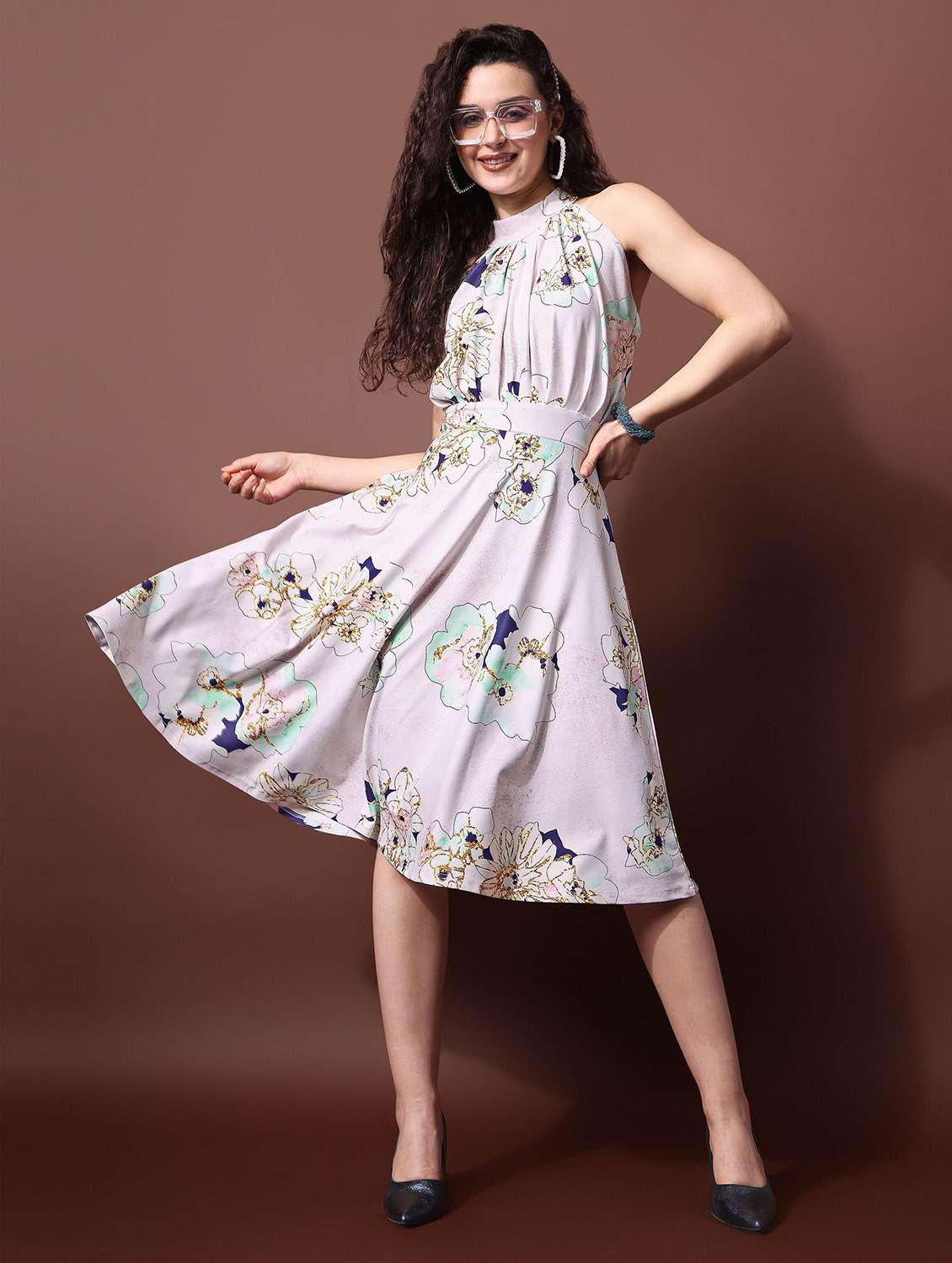 women printed sleeveless fit and flare dress