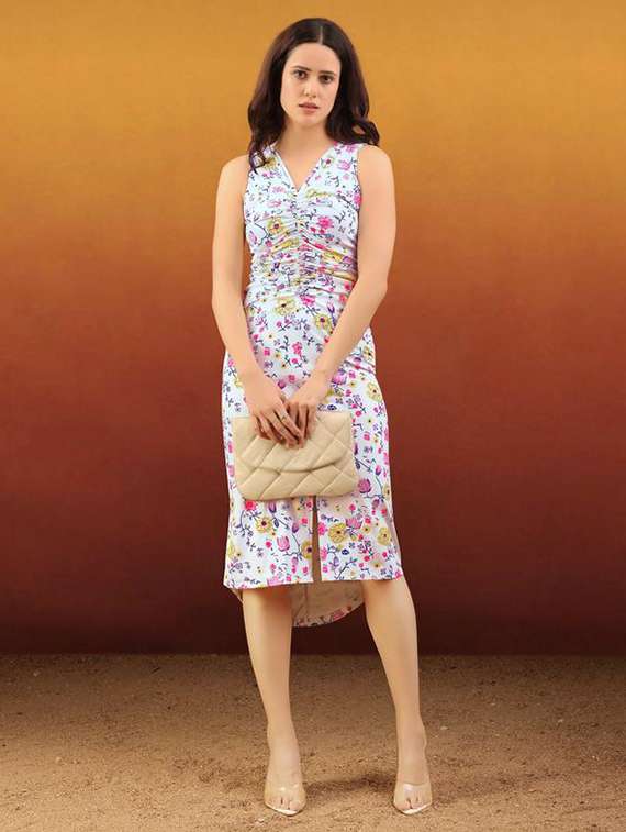 women printed sleeveless high low dress