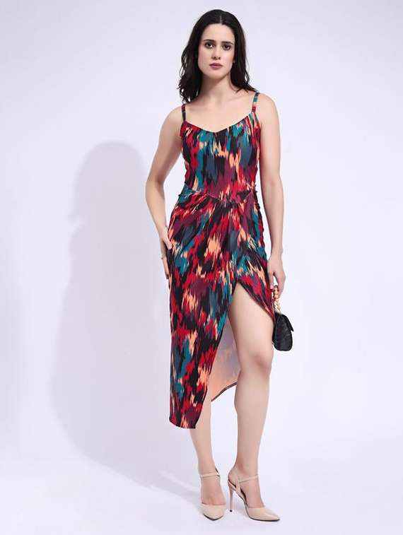 women printed shoulder strap asymmetric dress - 22549346 -  Standard Image - 2