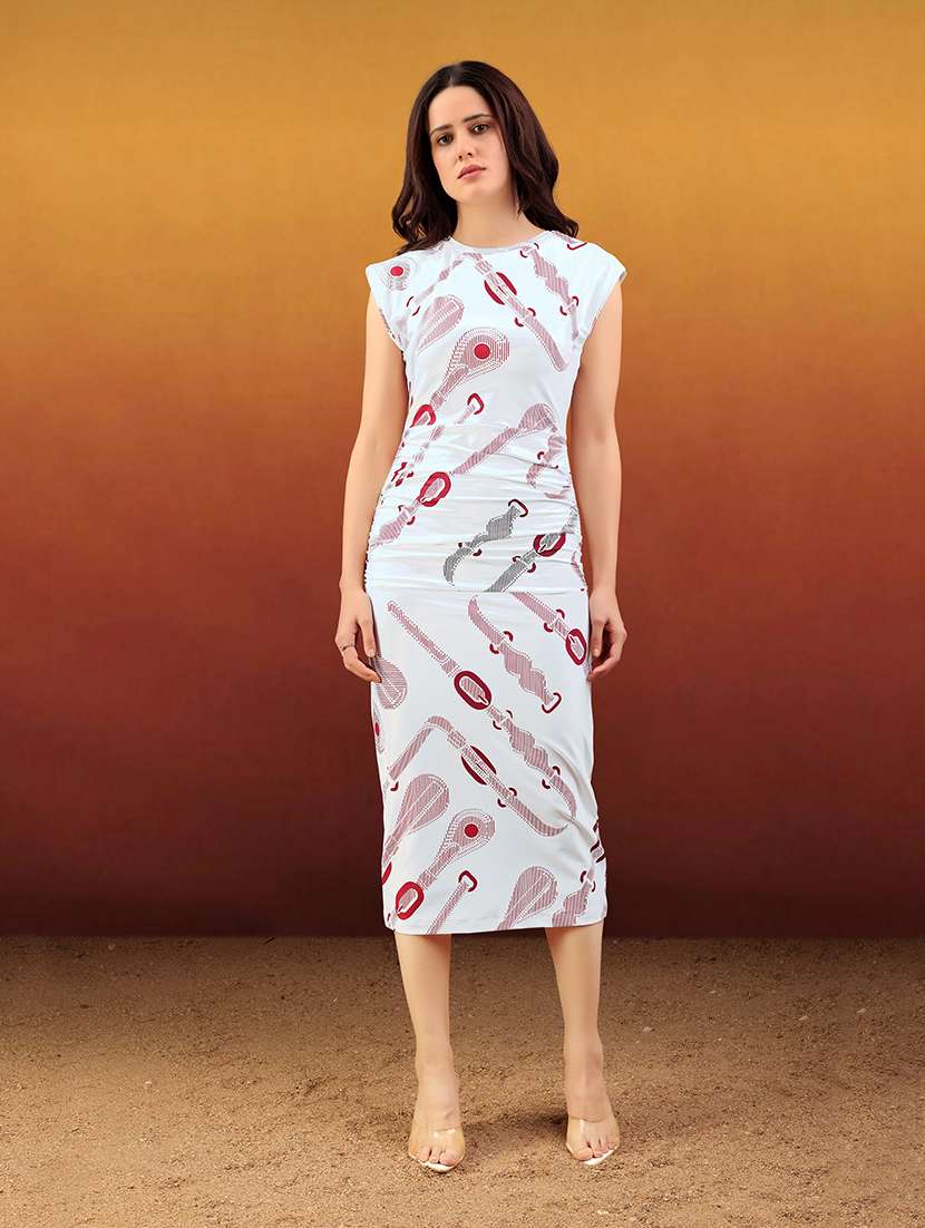 women printed cap sleeves bodycon dress
