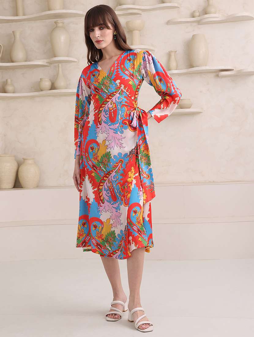 Women Printed Long Sleeves Wrap Dress - 22549399 -  Standard Image - 2