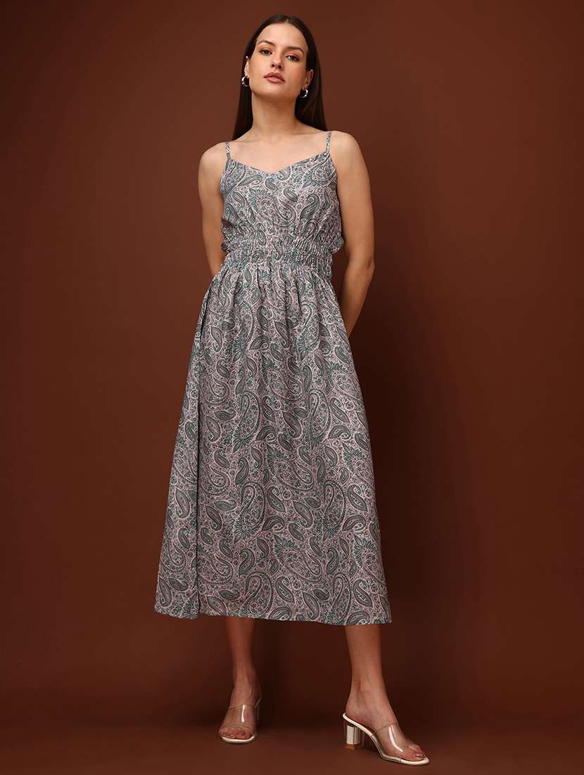 women printed shoulder strap a-line dress