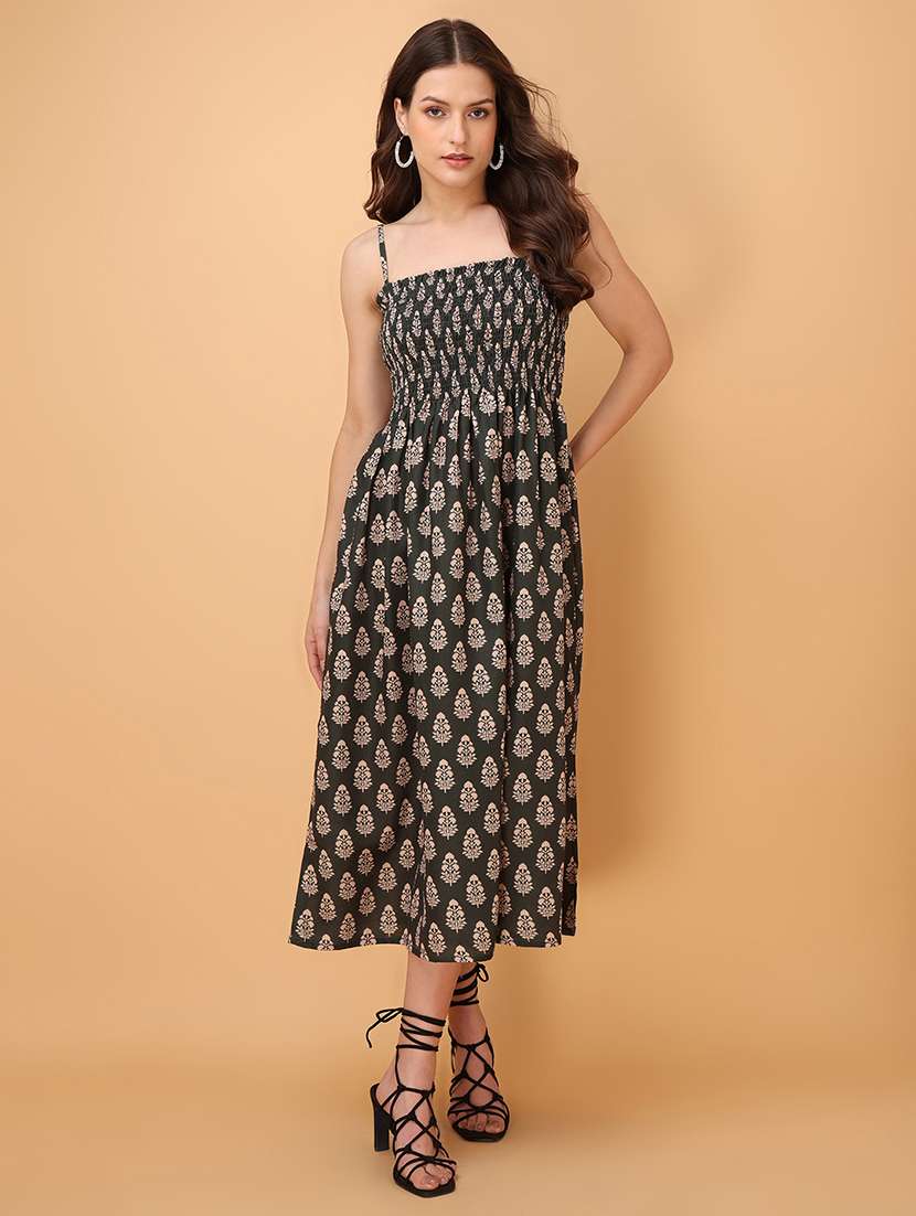 women printed shoulder strap fit and flare dress