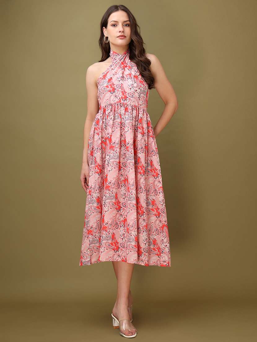 women printed sleeveless fit and flare dress