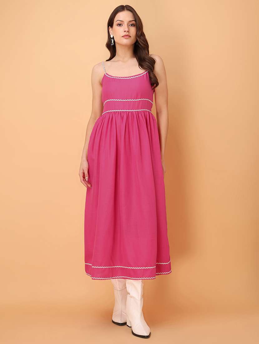 women solid shoulder strap fit and flare dress