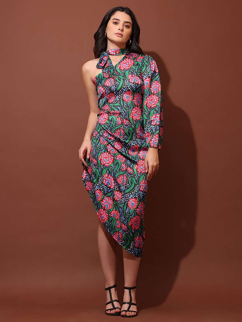 Women Printed Single Shoulder Asymmetric Dress - 22549468 -  Standard Image - 2
