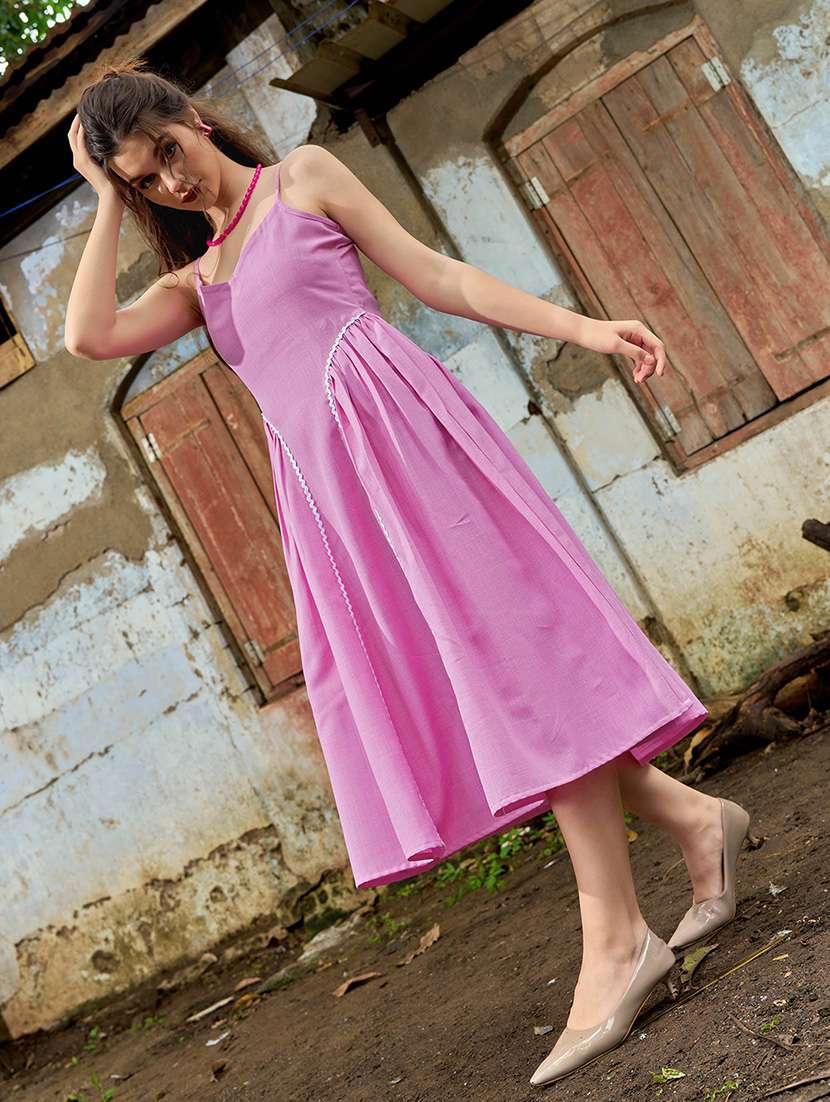women solid shoulder strap fit and flare dress