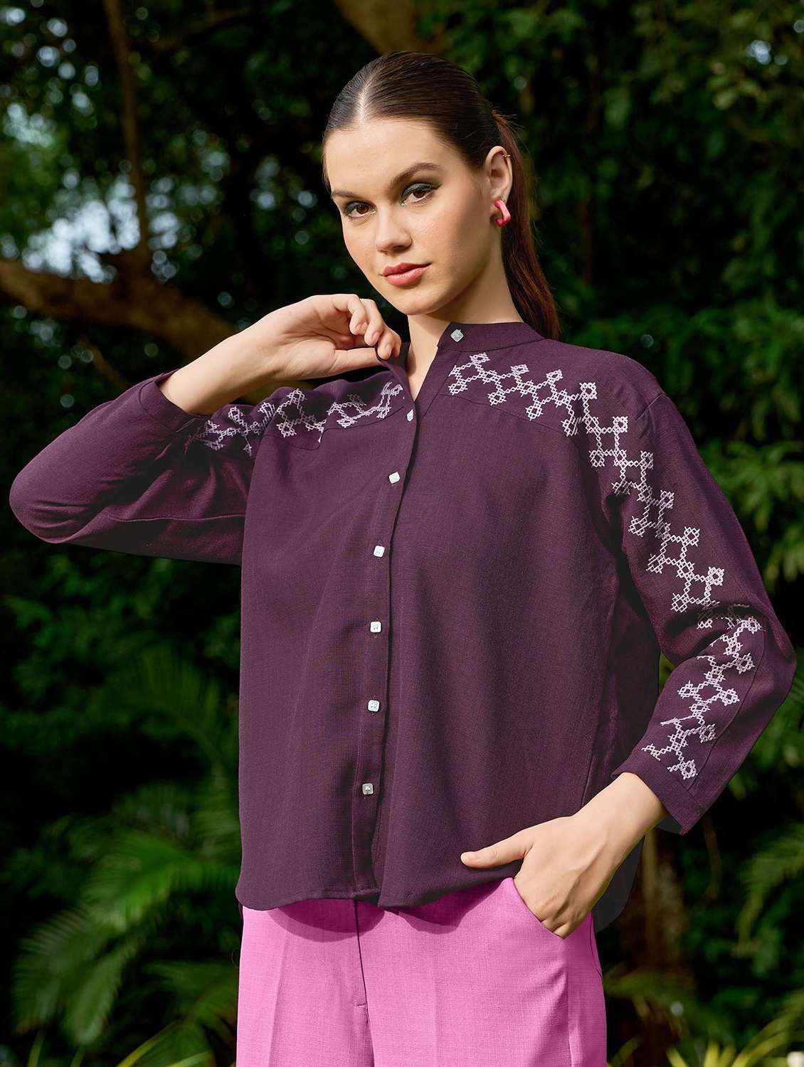 women embroidered long sleeves regular shirt