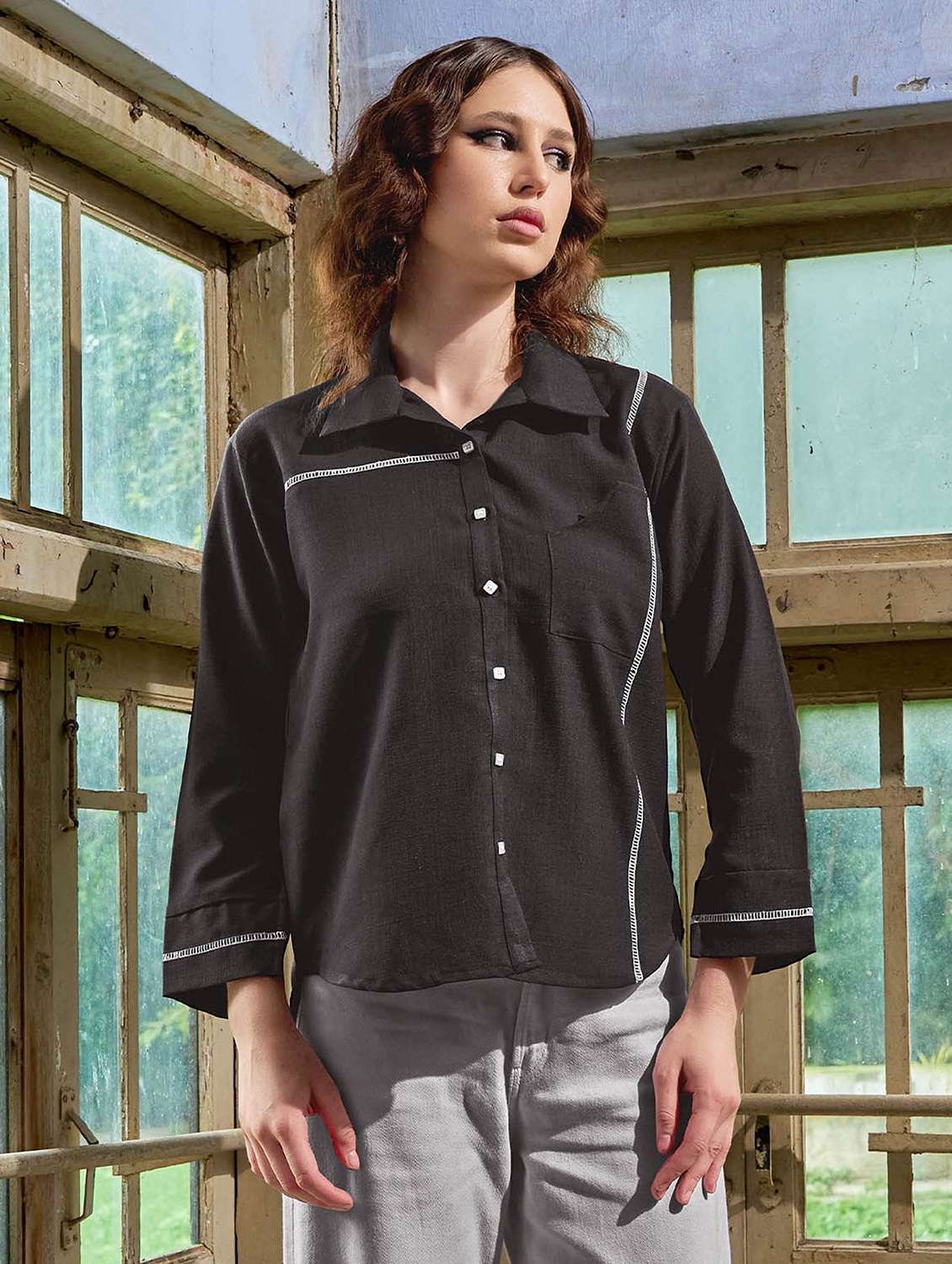 women solid long sleeves regular shirt - 22549553 -  Standard Image - 2