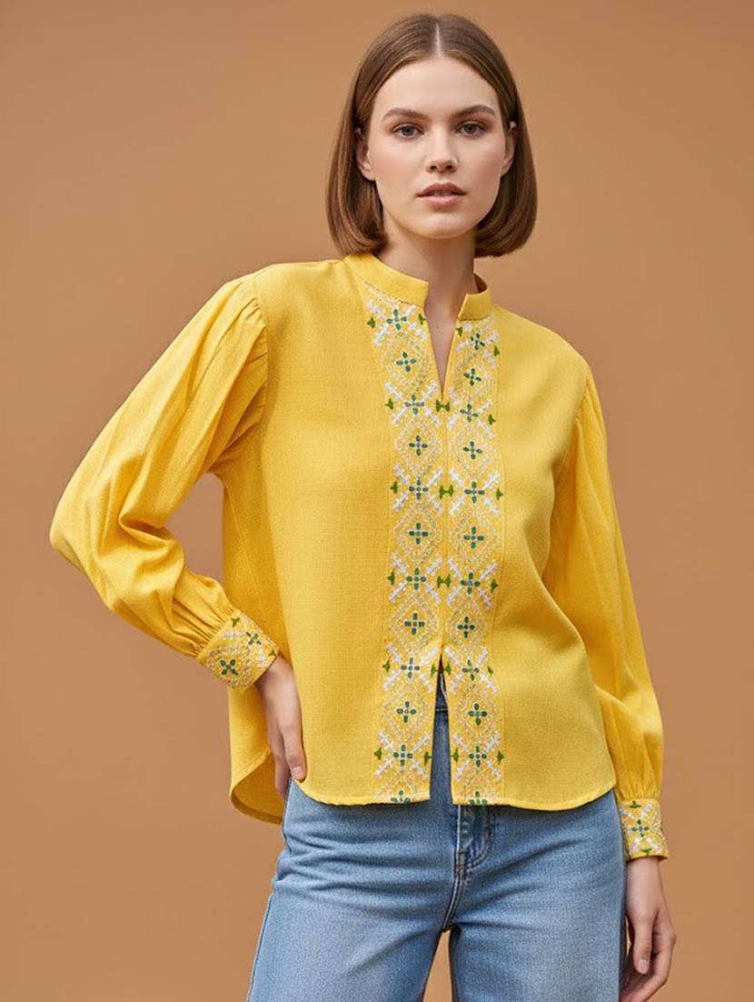 women embroidered bishop sleeves regular shirt - 22549559 -  Standard Image - 2