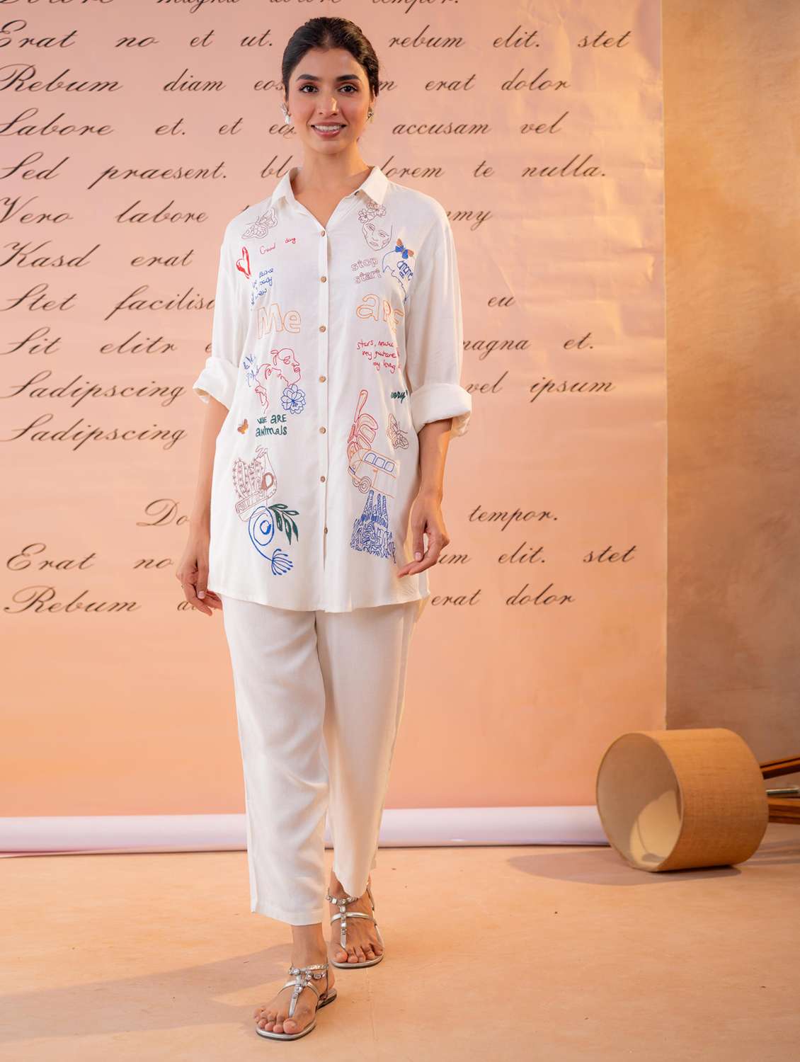 women embroidered long sleeves shirt and trouser co-ord set