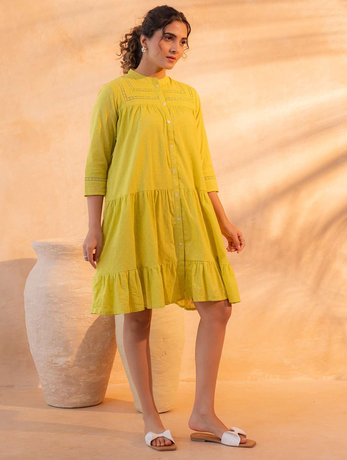 women self design three quarter sleeves tiered dress - 22550110 -  Standard Image - 2