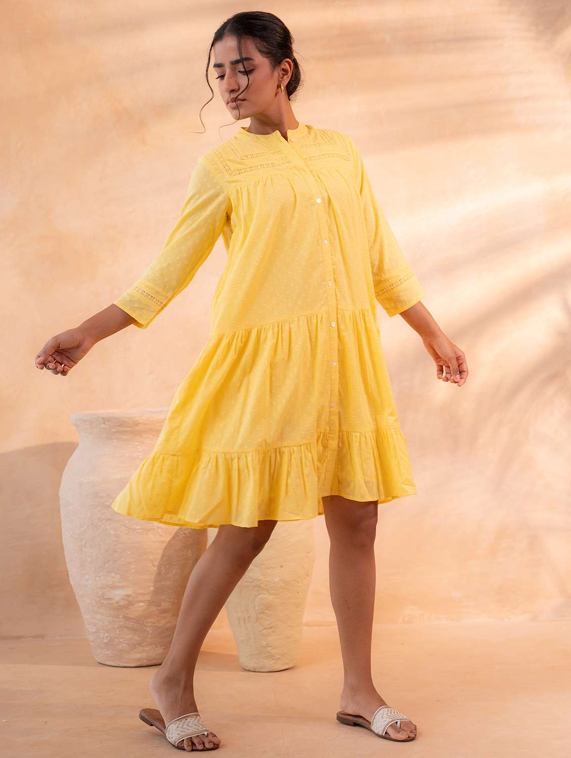women self design three quarter sleeves tiered dress - 22550122 -  Standard Image - 2