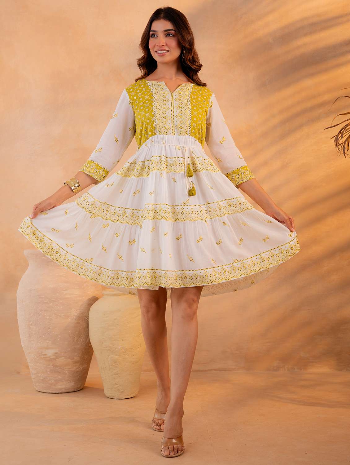women embroidered three quarter sleeves fit and flare dress - 22550128 -  Standard Image - 2