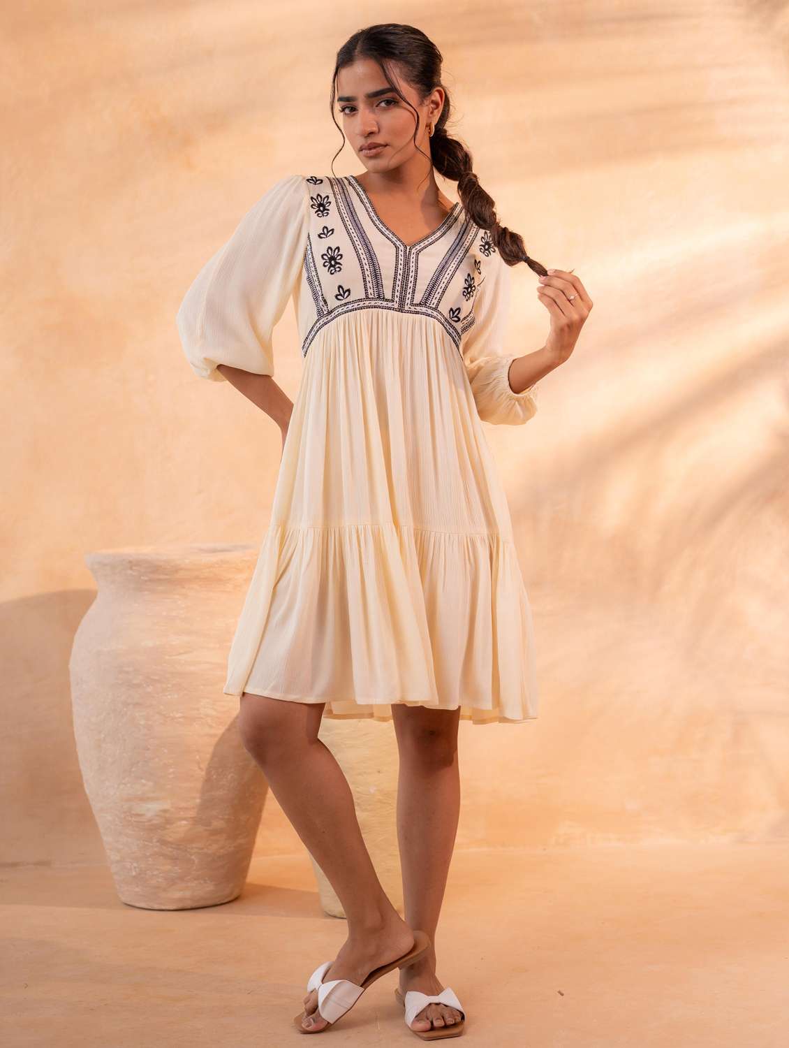 Women Embroidered Three Quarter Sleeves Tiered Dress - 22550143 -  Standard Image - 2