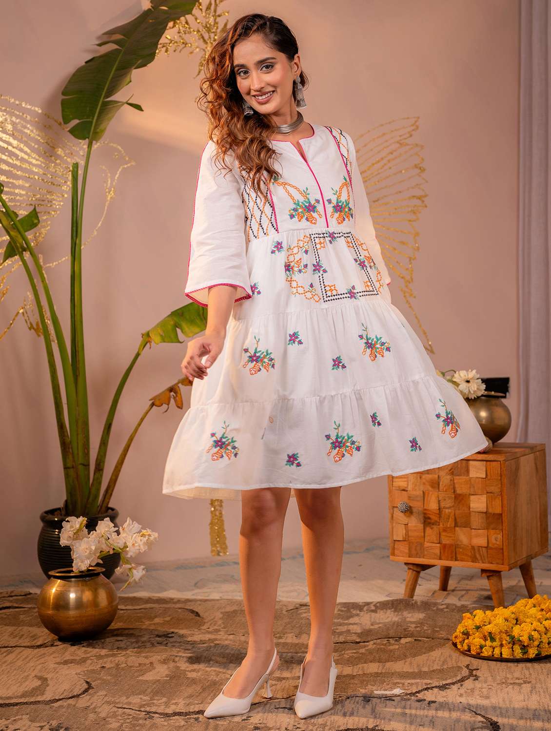 women embroidered three quarter sleeves tiered dress - 22550210 -  Standard Image - 2