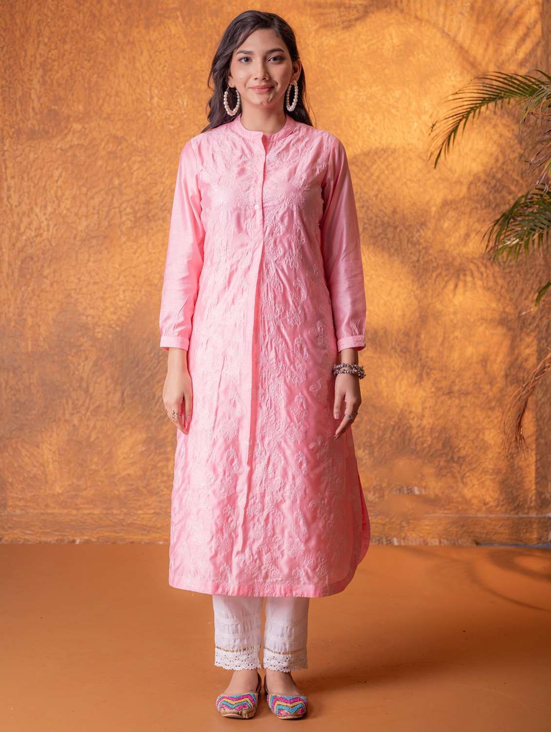 women embroidered three quarter sleeves straight kurta