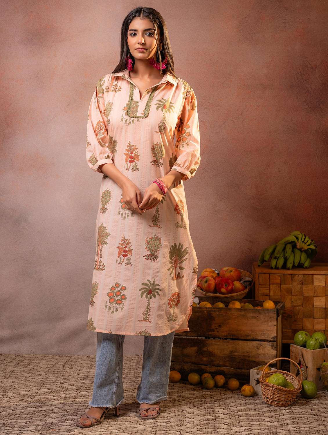women printed three quarter sleeves straight kurta