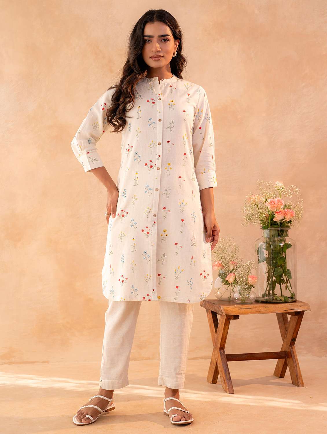 women printed three quarter sleeves straight kurta