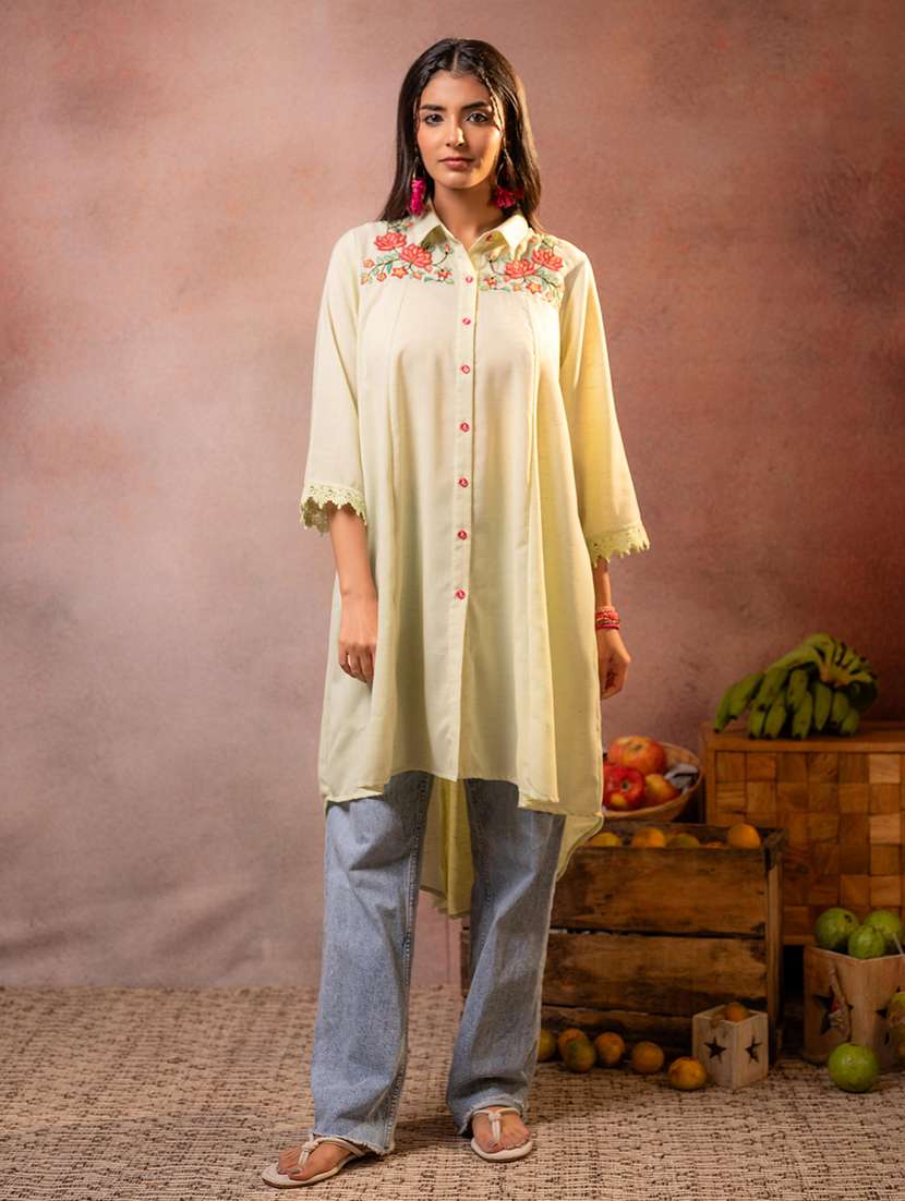 women embroidered three quarter sleeves high low kurta