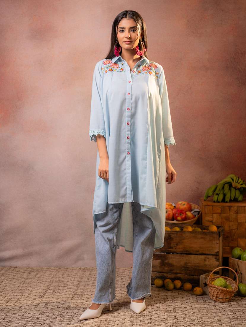 women embroidered three quarter sleeves high low kurta